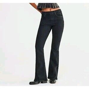 Free People Penny Pull On Flare Jeans Womens Stretch Black Denim Boho Raw Hem